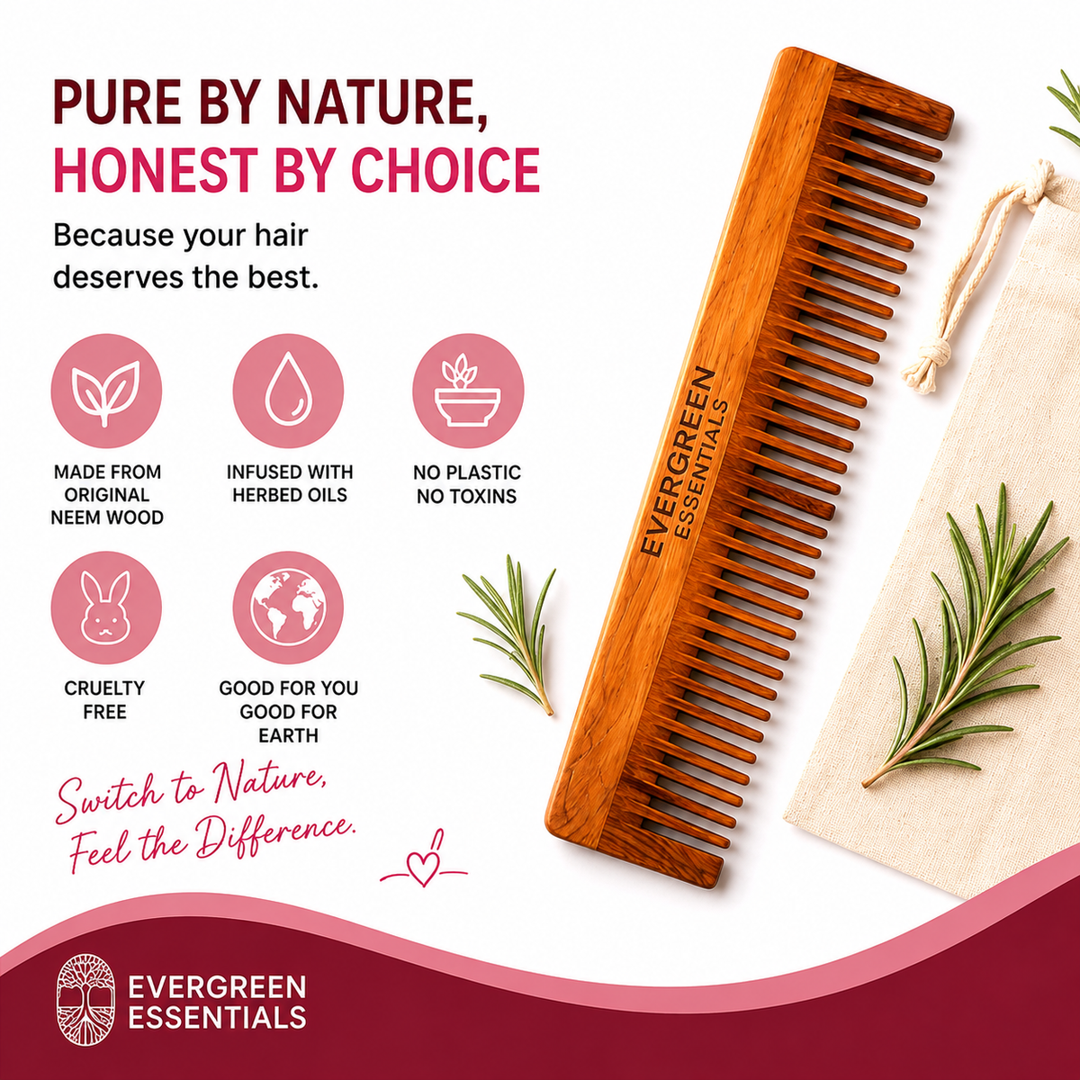 Dual Bristle – Lilly Neem Comb (Rosemary Oil treated)