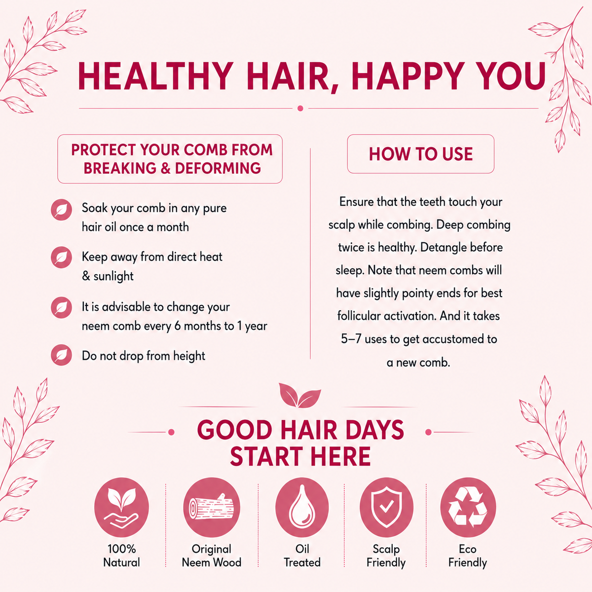 Dual Bristle – Lilly Neem Comb (Rosemary Oil treated)