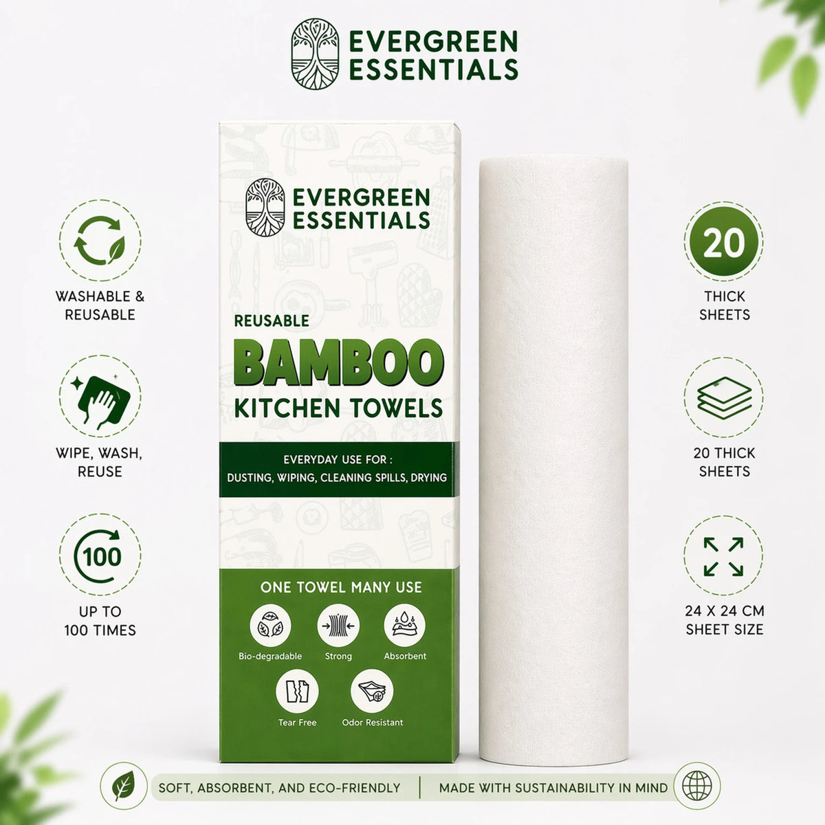 Reusable Bamboo Kitchen Towel – 20 Sheets